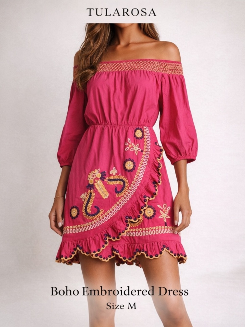 Tularosa Pink Embroidered Off Shoulder Boho Mini Dress M Cotton Festival Resort